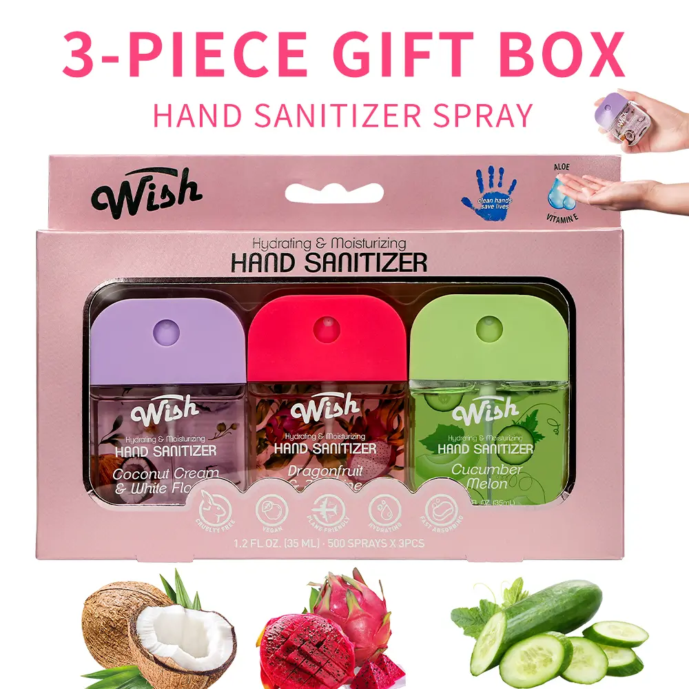 Wish Hydrating Liquid Hand Sanitizer Spray 1.2oz With Bag, Pocket Hand Sanitizer Bottle, 500-Sprays Each, Portable Hand Sanitizer Spray,  Flavors Mist Hand Sanitizer Set Travel Size