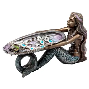 Ebros Gift Mermaid Holding Abalone Shell Platter Jewelry Dish Figurine 9"L Art Nouveau Soap Dish Key Holder Multi Function Decor
