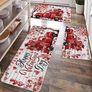 2/3pcs Valentine's Day Kitchen Carpet Set, Red Retro Truck, Rose, Love Pattern Floor Mat, Soft Anti Slip Kitchen Carpet and Mat, Suitable for Kitchen, Bedroom Entrance, Laundry Room, Corridor, Festival Decoration, Home Decor Rugs