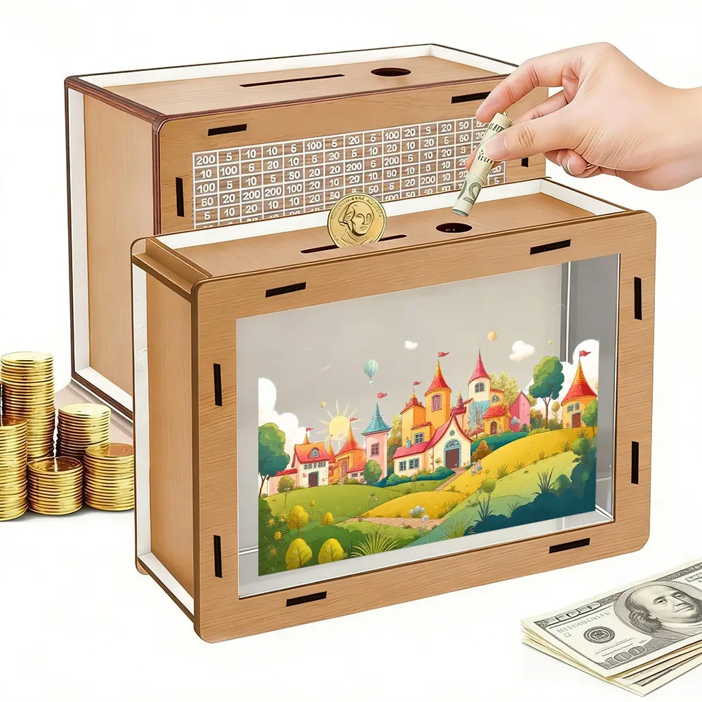 Enhanced Wooden Savings Challenge Box, Ideal for Ages 14+, Perfect for Cash Storage and Financial Goals, Creative Design for Couples and Gifts