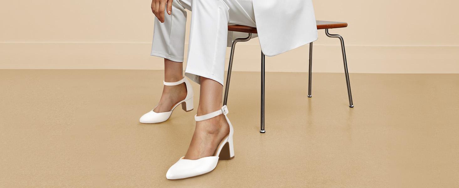 Women's Gilaa Closed Toe Low Chunky Heels Pumps Ankle Strap Wedding Business Round Toe Block Dress Shoes