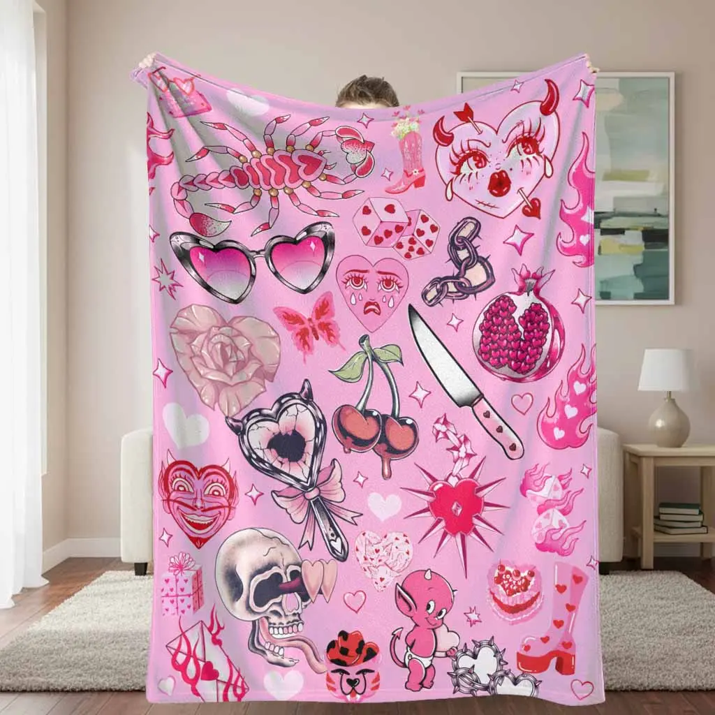 Pink Gothic Valentine Flannel Blanket with Heart Scorpion Horned Face Cherry Dice Rose Print Soft Warm Cozy Throw for Bedroom Sofa Party Gift Decor