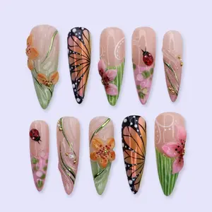 Butterfly Garden Press On Nails with Monarch Wing 3D Flowers And Ladybug Art
