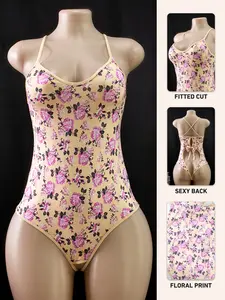 Women's Milk Silk Floral Print Backless Fitted Lingerie, Comfortable Home Wear, Perfect for Family Parties, Romantic Night Gift for Girlfriend, Floral Print Bodysuit