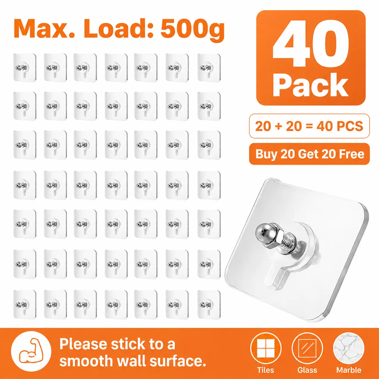 40PCS Acrylic Photo Hooks – Buy 20 Get 20 Free, Stainless Steel & Ceramic Self-Adhesive, Smooth Lightweight Wall-Mount for Room Decor & Organizer, Easy Installation,Perfect for Photos, Keys, Jewelry & Lightweight Items, Versatile Home Accessory