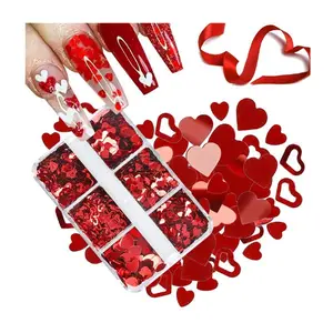 Romantic Red Heart Nail Glitter Set – 6-Grid Holographic & Hollow Sequins for Valentine’s Day Nails – Laser Love Flakes for Acrylic Tips & Festival Face Art