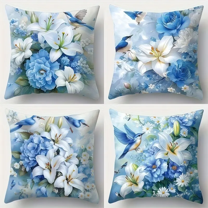 4pcs-Spring Themed Throw Pillow Covers,   Lily and Peony Pattern Design, Home Decor for Living Room Sofa and Bedroom, Suitable for Spring and all Seasons Decoration, 2D Flat, Single Sided Printing, No Pillow Core, Bedroom Decorative Accessories
