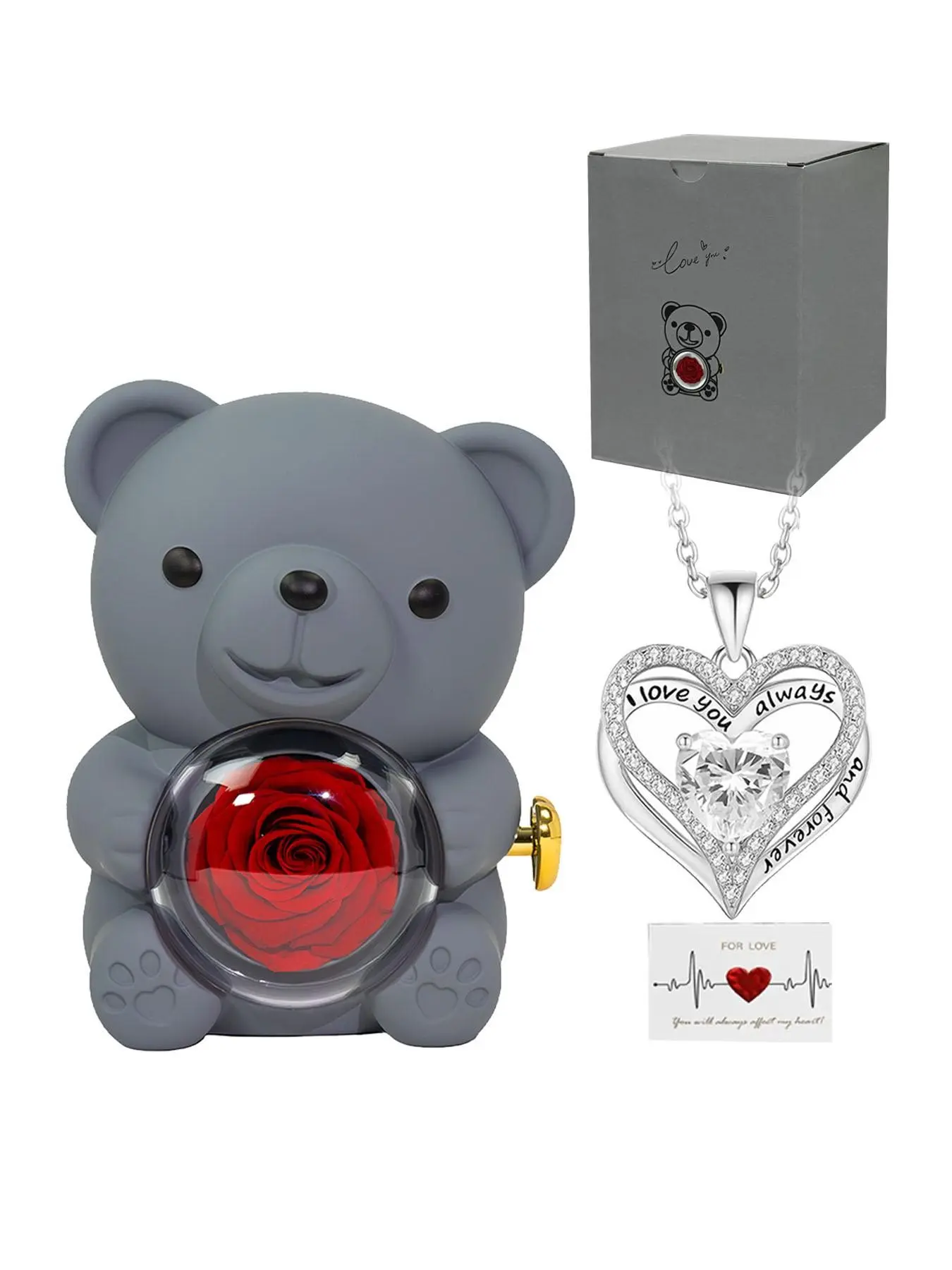 Romantic Teddy Bear Rotating Love Gift Box with Eternal Roses and Engraved Heart Necklace, Elegant Rose Gift for Women, Exquisite Jewelry Gift, Perfect for Valentine's Day