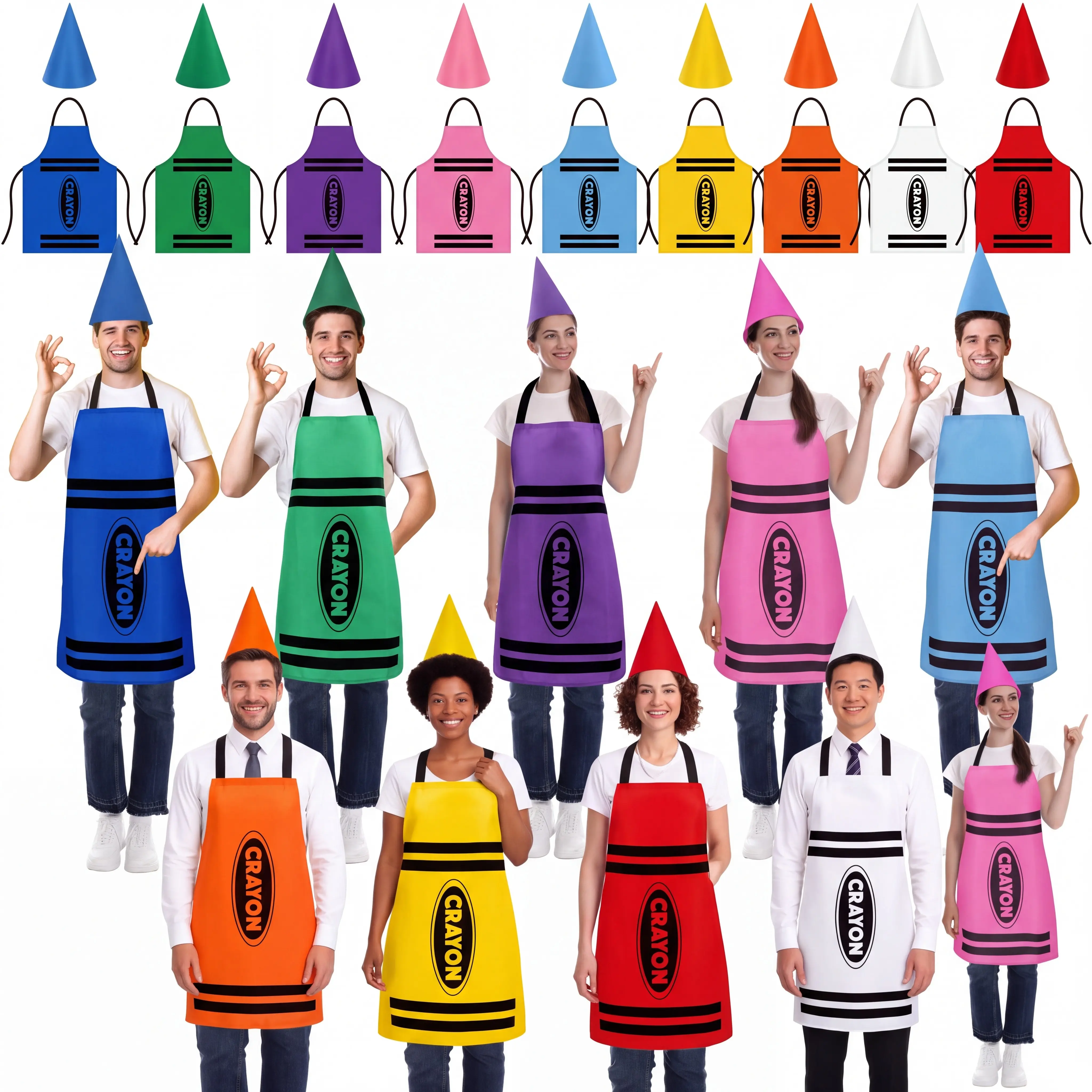 Halloween Group Crayon Apron and Cone Hat Costume Set for Adults, Rainbow Group Costume for Office Teams, Teachers, School Staff, Classroom Parties, Spirit Week, Halloween Events, Group Photos, Themed Celebrations, and Team Dress-Up