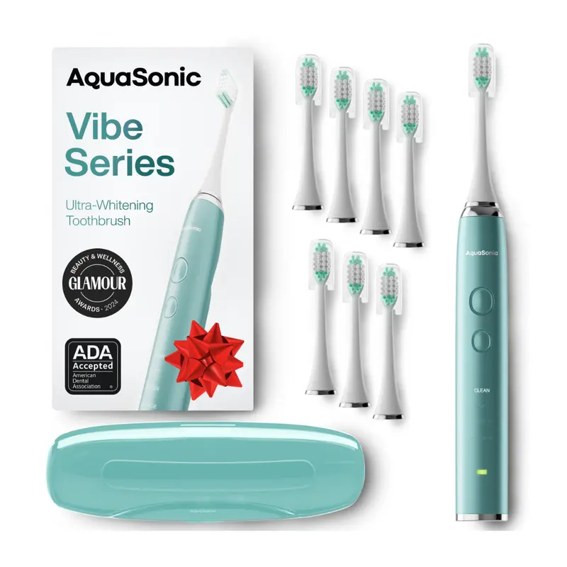 AquaSonic Vibe Series Sonic Whitening Toothbrush 40,000 VPM, 8 Brush Heads, Wireless Charging, Lightweight, Waterproof, Rechargeable Electric