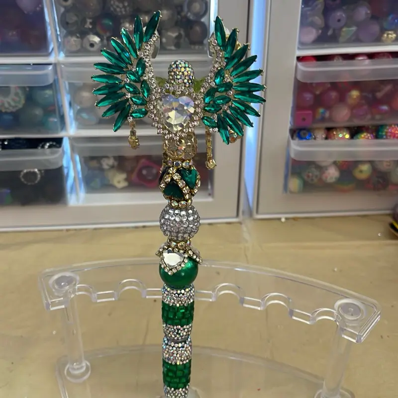 Glamorous Shimmery Green Rhinestone Moon Pen Topper with Gold Accents and Butterfly on A Rhinestone Beaded Pen