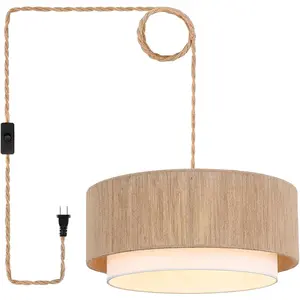 Plug in Pendant Light, 18" Rattan Plug in Chandelier with 15.7FT Light Cord, Hanging Light with Handwoven Hemp Rope Lampshade for Living Room Bedroom Kitchen