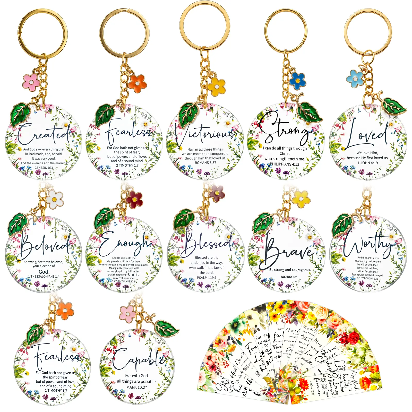 Christian Acrylic Keychain Bulk Pack - 10-12 Pieces, Floral Patterns, Bible Verse Designs, Religious Scripture-Themed Gifts for Adults