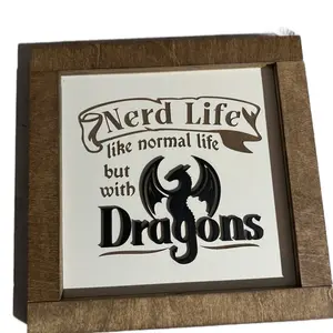 Unique Dragon Design Wood Sign for Book Lovers' Home Decor - Nerd Life Farmhouse Style wall Wooden