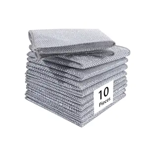 10 Counts Dishwashing Rags，Multipurpose Non-Scratch Wire Dishcloths for Wet and Dry Use, Reusable Wire Cleaning Cloths for Kitchen, Sinks, and Pans Silver Removable, Washable & More