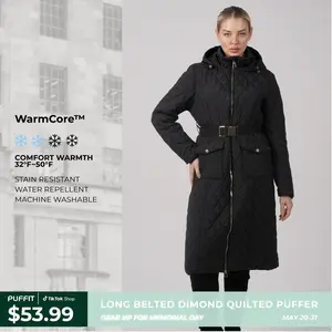 PUFFIT WarmCore Premium Long Dimond Quilted Puffer With Adjustable Belt,Lightweight Diamond Pattern,Warm and Elegant,Adjustable Waist,Effortless Style,Versatile Elegance for Commuting