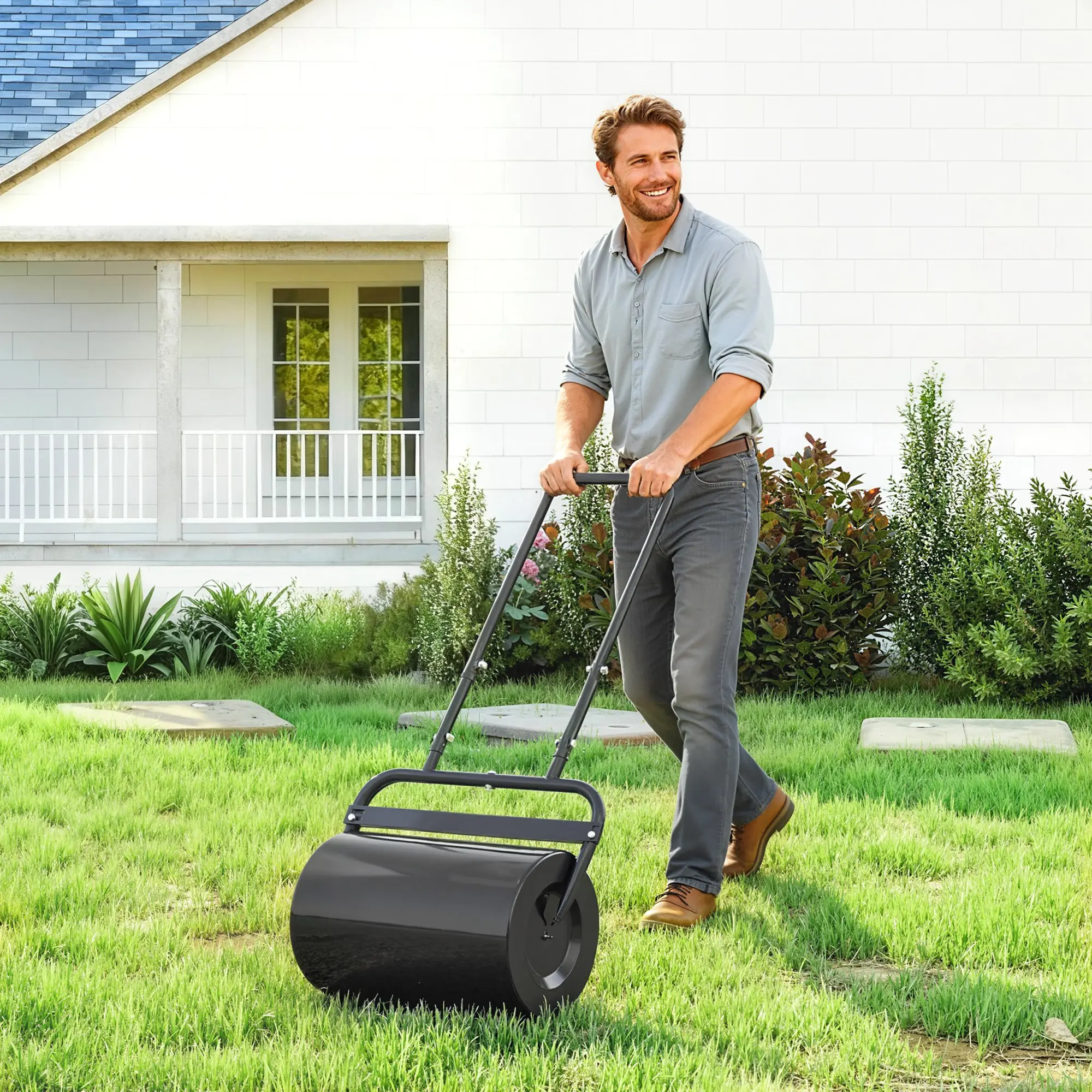 20-in Push Tow-Behind Lawn Roller, Rustproof Steel Cylinder (12.5in D, 22.75in L x 12.75in W x 44.5in H), Comfortable Gripping Handle, Fillable with Water/Sand for Garden Lawn Sod Flattening & Ground Leveling, 12.5 Inches D