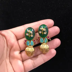 Pachi Inlay Premium Studs Earrings Indian Pakistani Jewelry with Green Enamel and Gold Accents