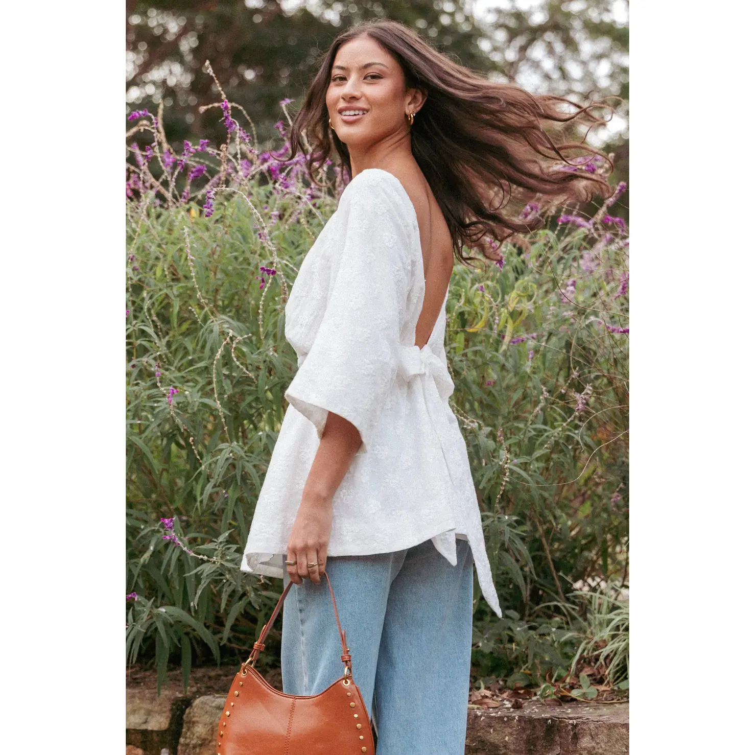 Camila Open Back Top - White Embroidery