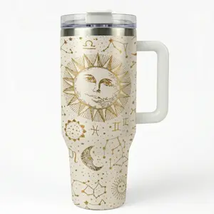 1pc 40oz Insulated Tumbler with Handle and Lid, Stainless Steel Vacuum Coffee Cup with Celestial Sun Moon Zodiac Print, Mother's Day Gift,A gift for mom, Reusable Water Cup for Car Office Outdoor, Thermal Cup