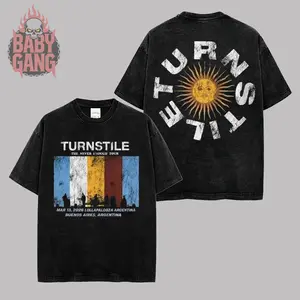 [Baby Gang] Turnstile Band Lollapalooza Argentina 2026 Vintage Heavy Washed Men's T-shirt Unisex Oversize Rock Alternative Rock Band Cotton Gift For Rock Music Lovers Y2K Outfits Vintage 90s Graphic