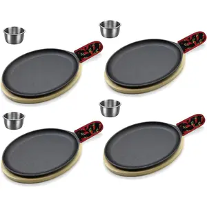 4 x Cast Iron Fajita Plate Set with Wooden Tray Anti Scald Hot Mitt Cast Iron Skillet for Home Barbecue Kitchen Party Restaurant Catering Service