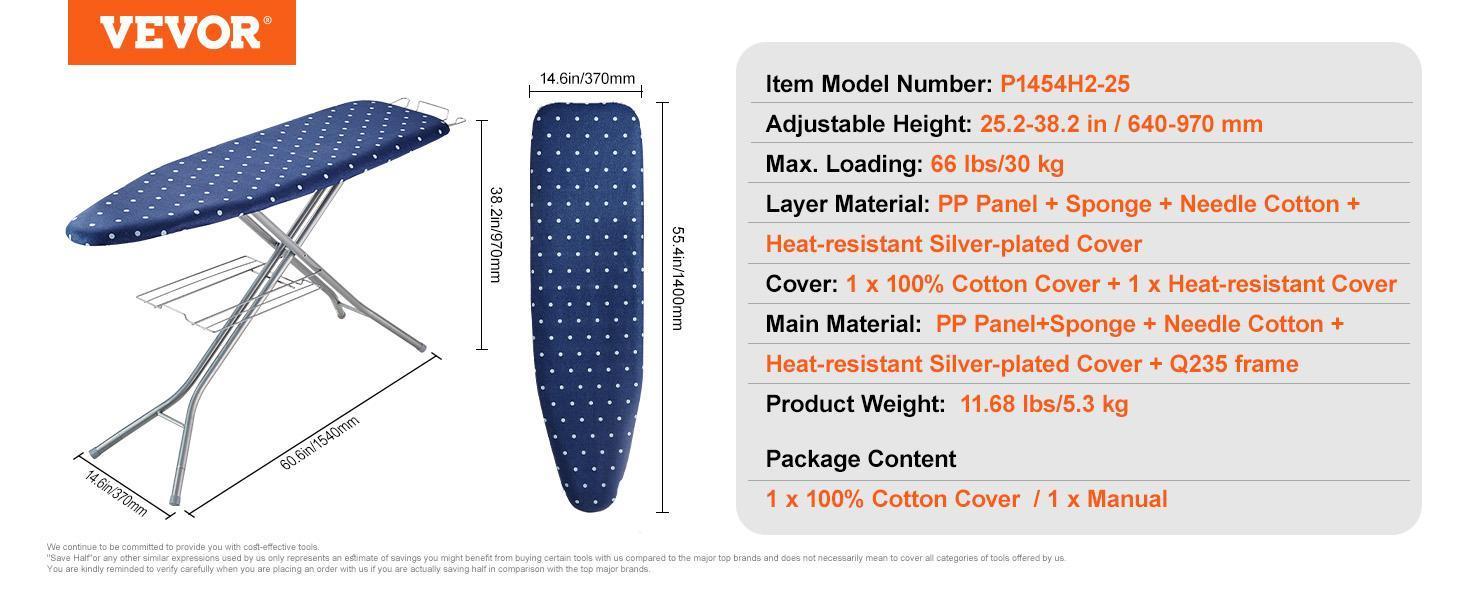 VEVOR Ironing Board with Bottom Storage Tray, Thickened 4 Layers Iron Board with Heat Resistant Cover and 100% Cotton Cover, 10 Adjustable Heights Ironing Board for Home Laundry Room Use (Size 55x15) Accessories Smooth