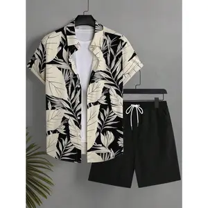 Manfinity KASUA Men's Botanical Print Shirt & Shorts Beach Outfit Men 2 Piece Set Tropical Men Beach Outfit Set Men Hawaii Outfit