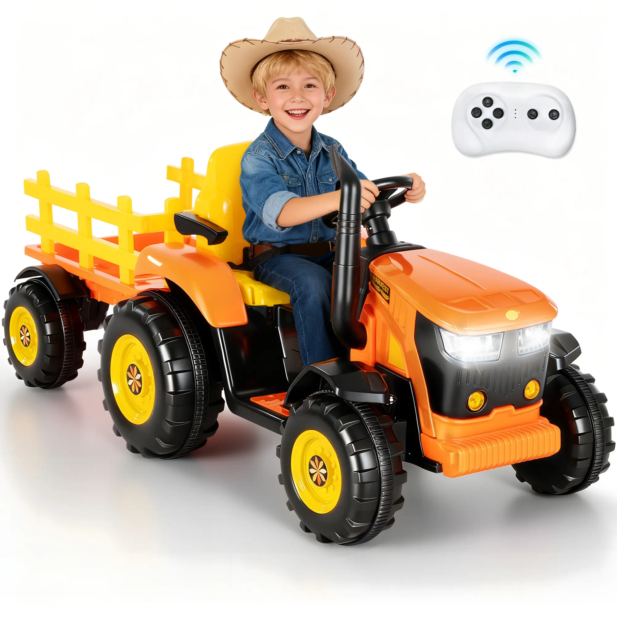 PHIVILLA 24V Ride on Tractor, Electric Tractor for Kids' Motor Skill Development, 2-in-1 Tractor with Detachable Trailer and Loader, Shock Absorption, Remote Control, Ideal for Kids 3+ years old