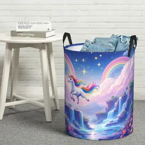 Round Laundry Basket with Handle, Unicorn Theme - Casual Style Polyester Clothes and Basket, for Bathroom Decoration and Accessories, Bathroom Organization and Storage, Room Decoration, Laundry Basket, Local Warehouse 19.6x15.7 Inches, Laundry Basket