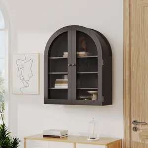 Arched Wall Cabinet, Medicine Bathroom Wall Cabinet with Arched Top Acrylic Door & Adjustable Shelves, Wall Mounted Storage Organizer for Kitchens, Living Room, Black/Wood
