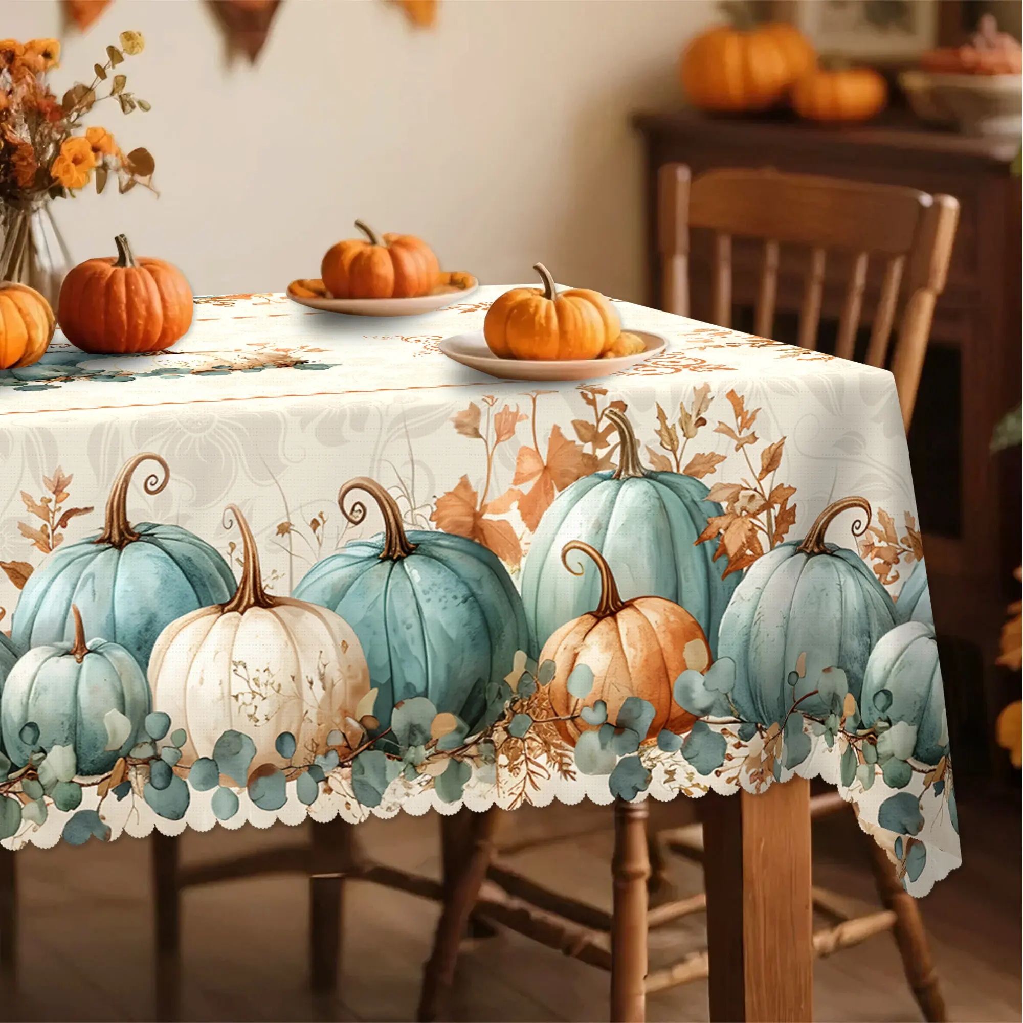 Fall Tablecloth, Vintage Pumpkin Autumn Leaves Tablecloth, Multi-color Pumpkin Combination Pattern, Autumn and Thanksgiving Decoration, Thanksgiving Gift, Autumn Gift, Ideal Holiday, Theme Party Home Decoration, Rectangular/ Round