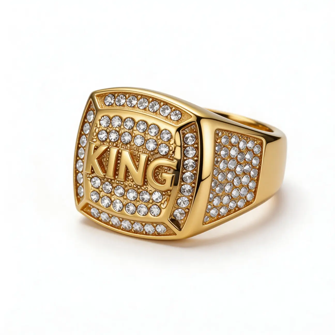Fanshu Stainless Steel Gold Plated Punk Hip Hop King Iced Out Zircon Rings for Men Women Gift Fashion Jewelry goldplated bling ring