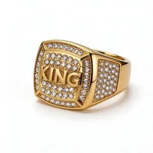 Fanshu Stainless Steel Gold Plated Punk Hip Hop King Iced Out Zircon Rings for Men Women Gift Fashion Jewelry goldplated bling ring