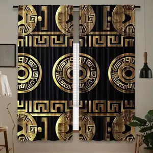 Luxurious Greek Pattern Gold Curtains Set of 2, Polyester Material, Rod Pocket Design, Suitable for Living Room Bedroom Office