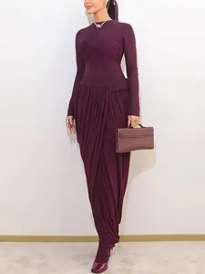 Elegant Fall New Creative Mesh Patchwork Ruched Asymmetric Round Neck Long Sleeve Dress, Lady Women's Fashionable Casual Wear, Womenswear