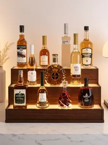 LED Lighted Liquor Bottle Display Shelf – 24" Bar Shelf with App & Remote Control, Music Sync, 3 Step Walnut Illuminated Bottle Holder for Home Bar, Party – American Design, Quick Setup customized organiser