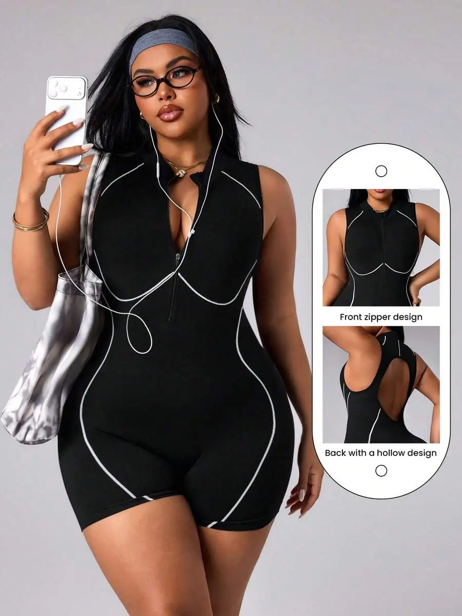 DORRIS Plus Size Women's Seamless Black & White Sleeveless Hollow-Out Backless Jumpsuit, Outdoor Exercise Sports Fitness