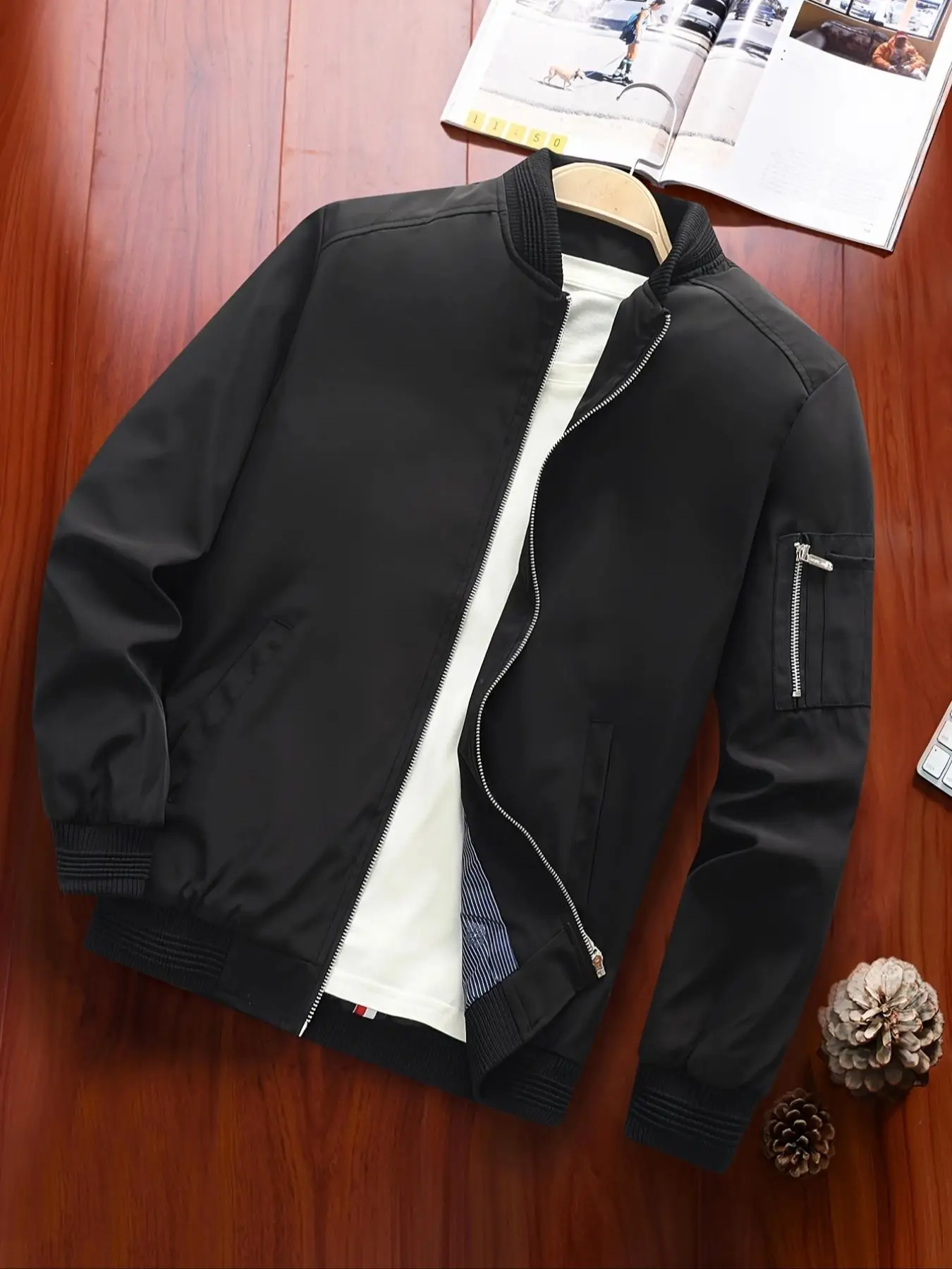 Men's Zipper Pocket Baseball Collar Varsity Jacket, Bomber Jacket Coat, Regular 2024 Mens Jacket, Casual Solid Color Baseball Jacket, Going Out Outfit