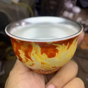 Handmade tea cup, red hand-painted phoenix silver cup