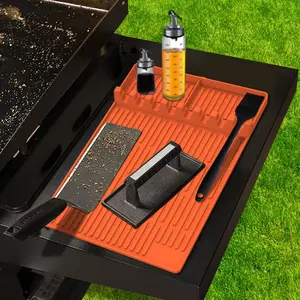 Silicone Griddle Tools Mat for BBQ Grill, 3 in 1 Spatula Side Shelf Mat with Drip Pad, Grill BBQ Caddy Utensils Holder for Kitchen, Cooking & Countertop Accessories Kit
