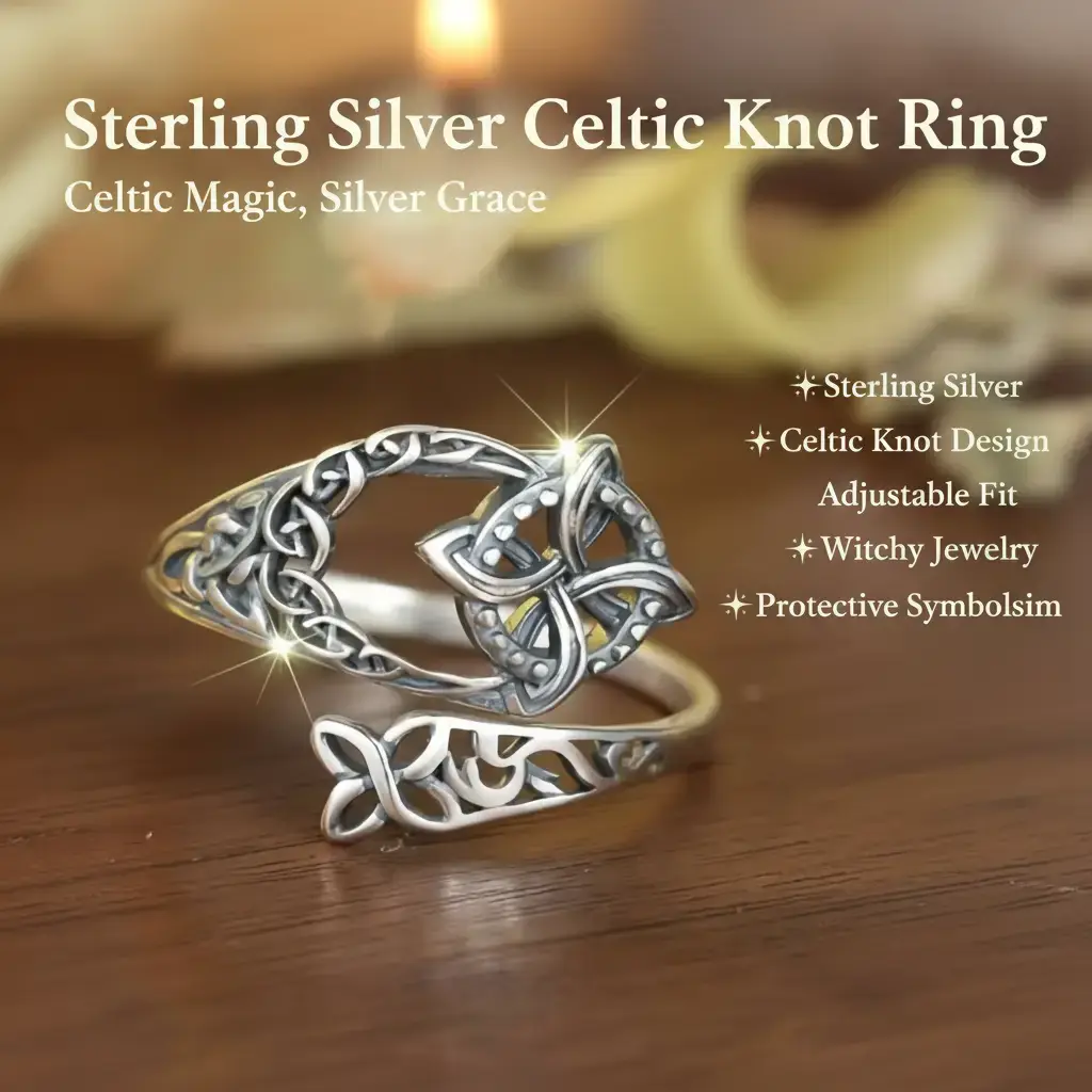 B 925 Sterling Silver Celtic Knot Ring Witch Knot Ring Nudo de Bruja Plata 925 Original Sterling Silver Adjustable Witch Knot Rings Open Ring Hecate Ring Pagan Witchtok Protection Witchy Jewelry for Devotion for Ceremony,Holiday Gift