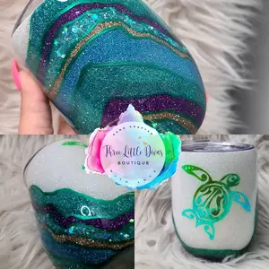 Geode Glitter Stemless Wine Tumbler - 12 oz with Unique Geo Glitter Turtle Design, Made to Order, Not Dishwasher Safe - Bottle, Drinkware