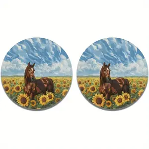 Field Sunflower Horse Car Coasters Pack of 2 Cup Coasters Absorbent Coaster Pads for Women Girls Drink Cup Holder Coasters Set