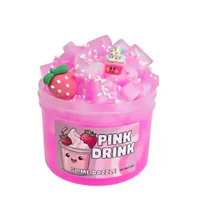 Pink Drink Jelly Cube Slime  8 FL OZ – Champagne Toast Scented Slime with Strawberry Charms & Sprinkles – Crunchy Textured Aesthetic Pink Slime