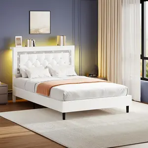 HOMBCK Twin Full Queen King Size Bed Frame with Storage Headboard | Diamond Tufted, LED Lights, Wooden Slats Support, Noise Free, No Box Spring Needed, Easy Assembly, Black, Powered
