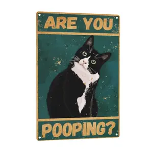 Vintage cat Aluminum Sign: Funny "ARE YOU POOPING?" Bathroom Wall Decor for cat Lovers 8 x 12 Inch Decorative Plaque