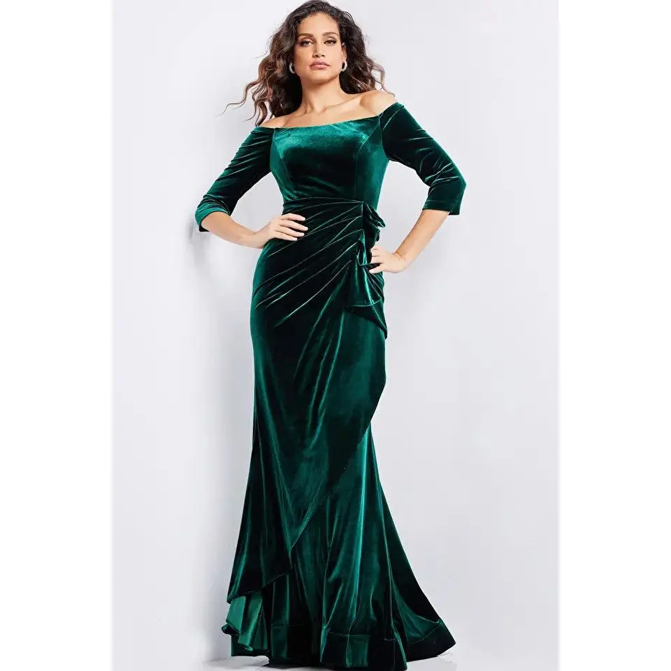 Jovani -36458 Velvet Quarter Sleeve Evening Gown