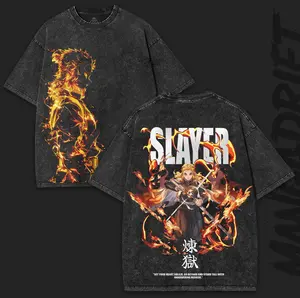 Demon Slayer Kyojuro Rengoku Oversized Vintage Washed Tee – Double-Sided Heavy Cotton Flame Hashira Graphic | Anime Collector Drop Menswear Streetwear