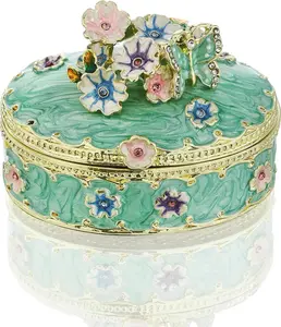 Enamel Trinket Box Jewelry Organizer, Decorative Hinged Keepsake Box – Green Floral Box